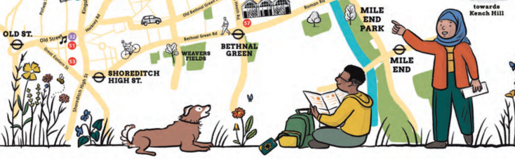 A map of Old Street, Shoreditch and Bethnal Green with illustrations of a dog and two people in the outdoors