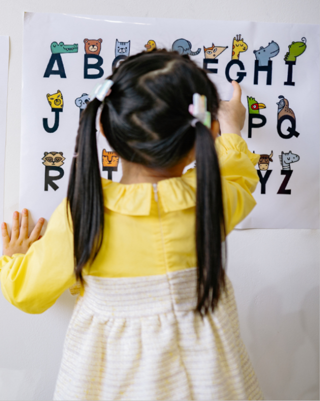 A young child with hair in bunches is pointing at a poster of the alphabet